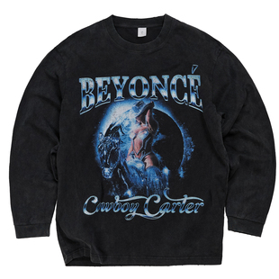 beyonce美式 T恤水洗黑做旧磨破vintage印花纯棉 宽松280g重磅长袖