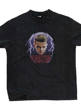 怪奇物语小11头像纯棉印花短袖T恤美式男重磅水洗做旧复古上衣潮