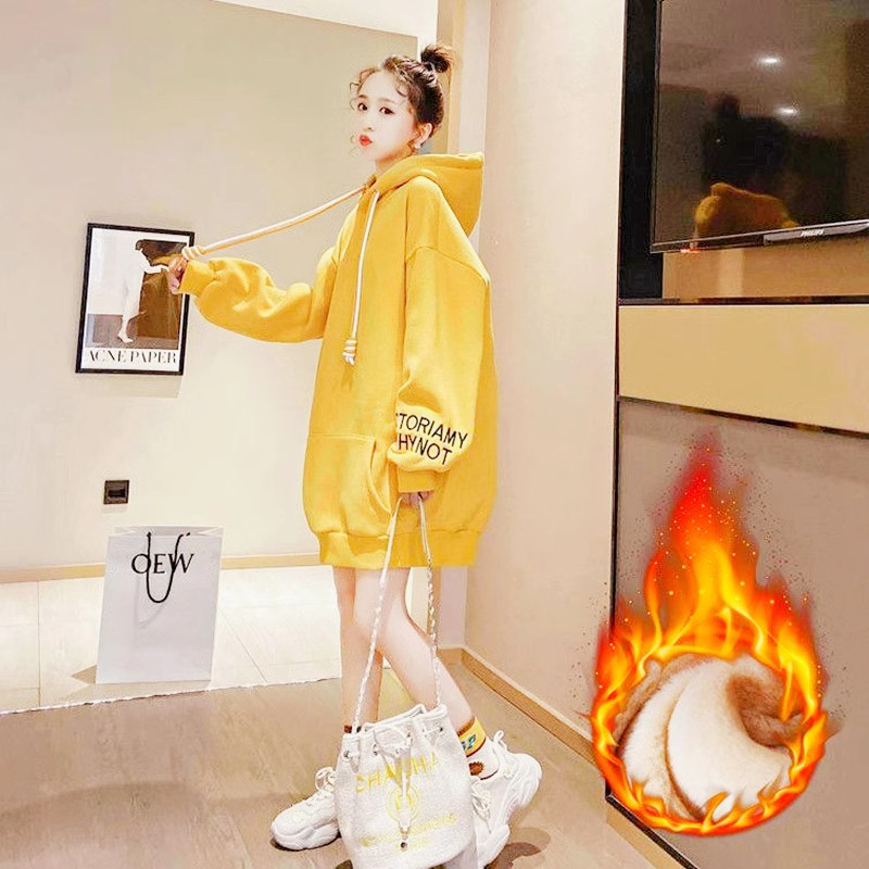 中长款遮屁股连帽卫衣女大码春秋冬加绒加厚韩版宽松臀胖mm显瘦盖