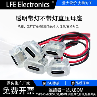 Type-C 2P注胶直压式母座透明带线台灯电动汽车椭圆充电口改装diy