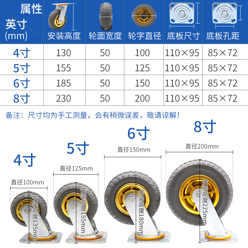 定向脚轮寸底座手推转向轮万向轮重型轮子小平板车静音橡胶轮4568