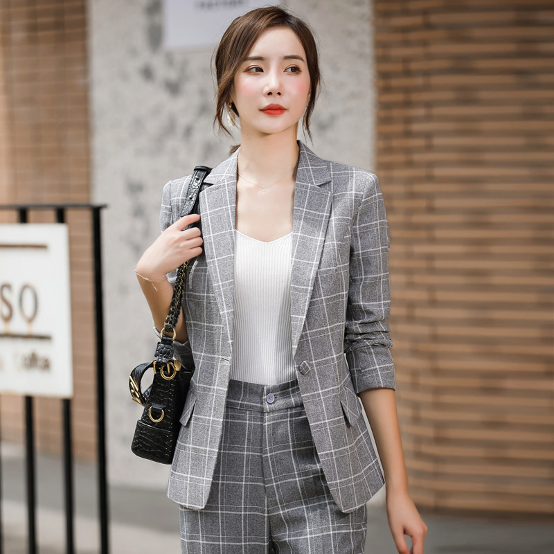 세련된 격자 무늬 작은 정장 비즈니스 착용 여성 챕스 2021 봄과 가을 캐주얼 인터넷 연예인 새로운 슬리밍 연령 감소 슈트