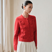 女秋冬新款 新年红色重工绣花开衫 100%纯山羊绒衫 圆领针织加厚外套