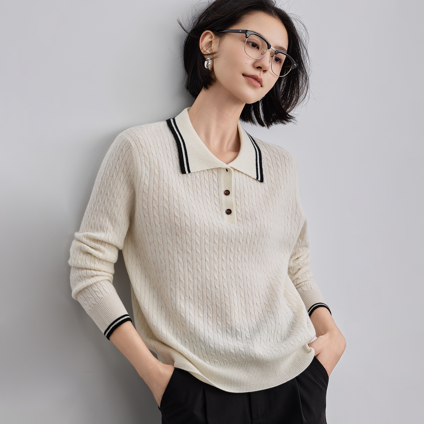 2025秋冬新款100%纯山羊绒衫女学院风麻花POLO翻领针织衫毛衣上衣