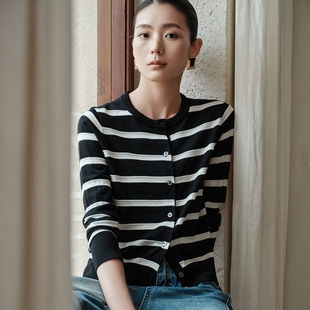 扬子纱细支精纺羊毛针织开衫女圆领薄款外搭休闲百搭条纹拼色外套