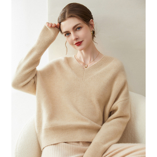 秋冬加厚100%山羊绒衫女V领落肩袖宽松慵懒风套头短款针织衫毛衣