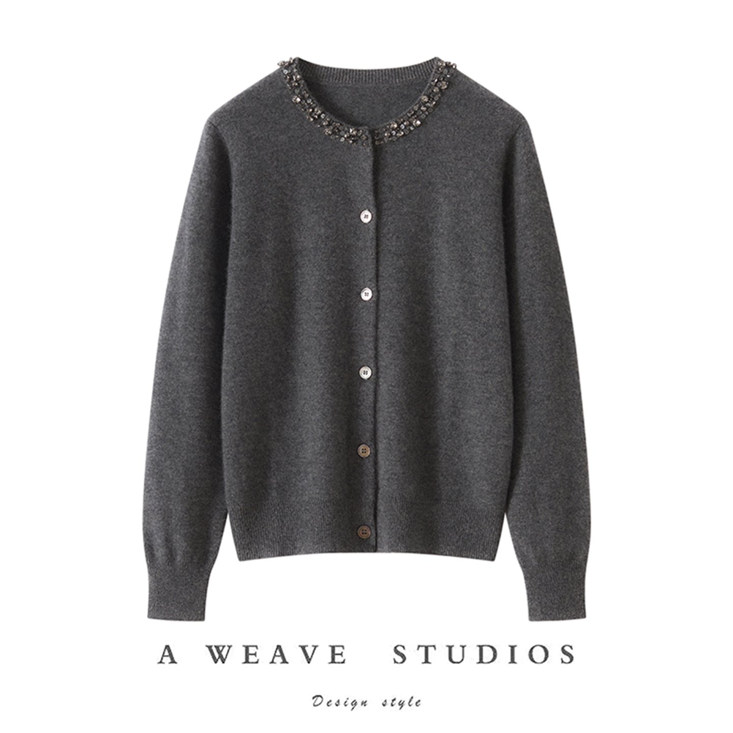 2025秋冬新款轻奢重工钉珠100%山羊绒开衫女圆领宽松针织毛衣外套