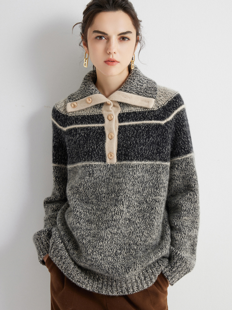 加厚高领纯山羊绒女翻领宽松毛衣