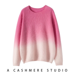 秋冬新款100%纯羊绒衫女圆领渐变色拉绒毛衣宽松慵懒风针织打底衫