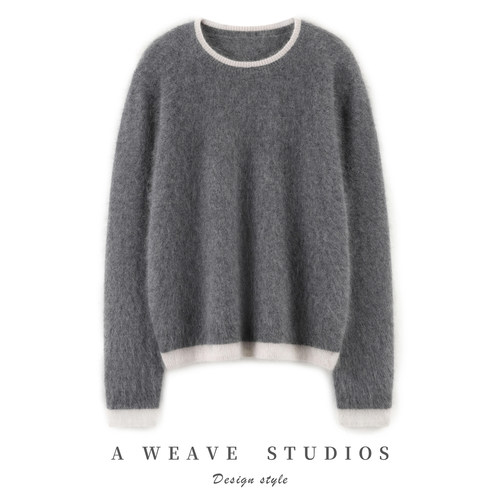 25秋冬新款100%纯山羊绒衫女软糯圆领假两件拼色拉绒针织羊绒套衫