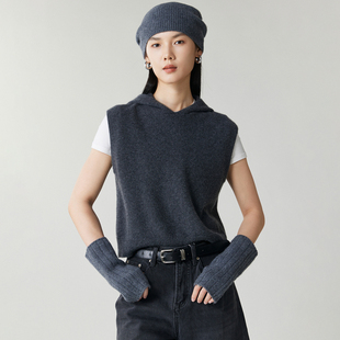 2025秋冬新款 女连帽针织马甲百搭宽松背心坎肩上衣 100%纯山羊绒衫