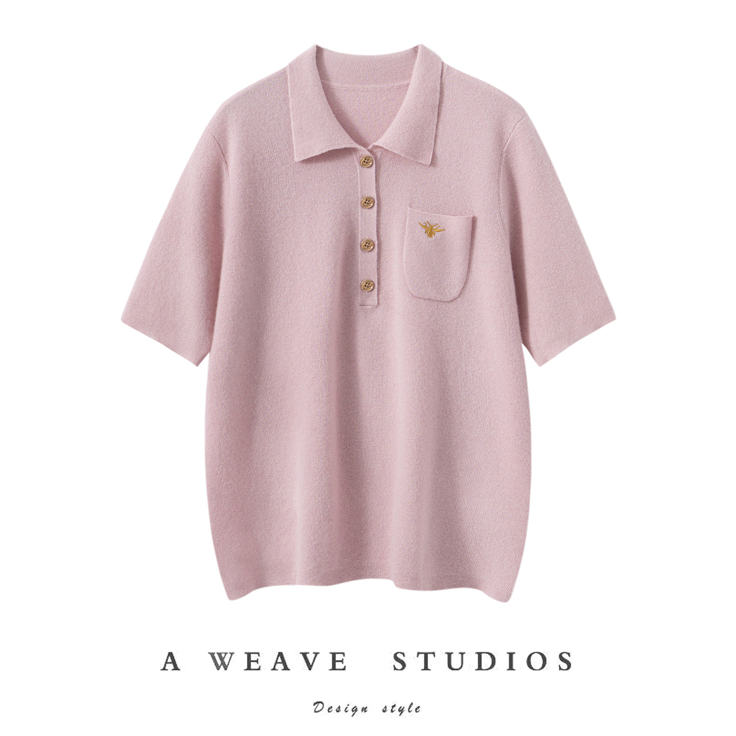 2025秋冬新款100%纯山羊绒衫女精纺Polo领刺绣百搭针织打底衫半袖