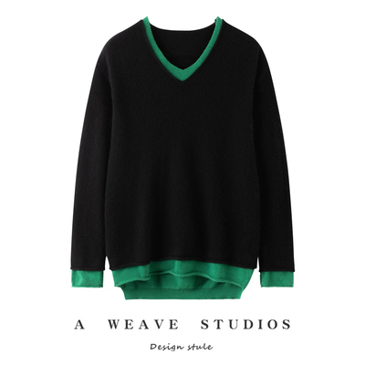 2025秋冬新款100%纯山羊绒衫女V领拼色假两件针织开衫毛衣外套女