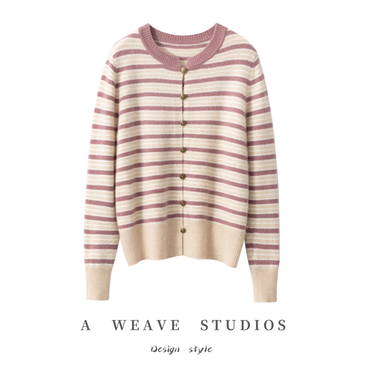 25秋冬新款100%纯山羊绒开衫女加厚圆领撞色条纹针织宽松毛衣外套