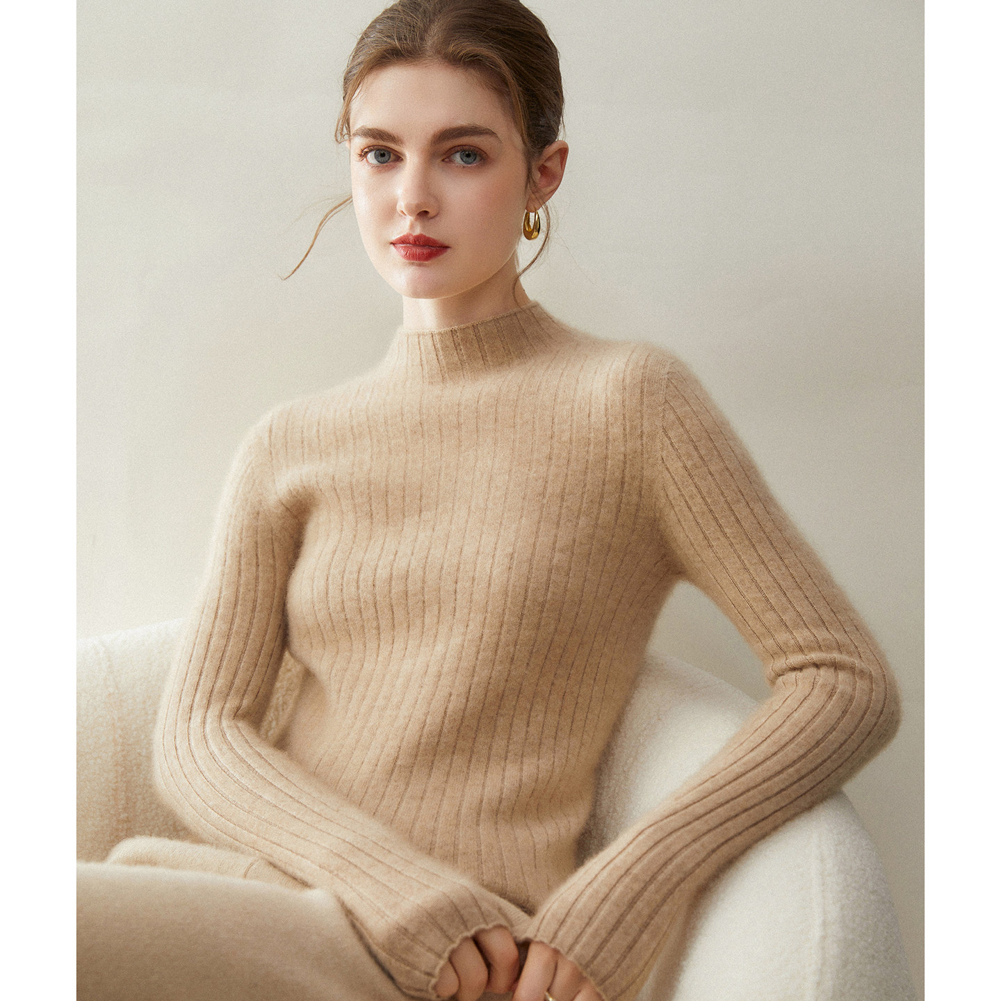 气质减龄！100%山羊绒衫女半高领针织衫纯色坑条软糯修身打底毛衣,女装/女士精品,羊绒衫,淘宝优惠券,粉丝福利购,淘宝优惠卷