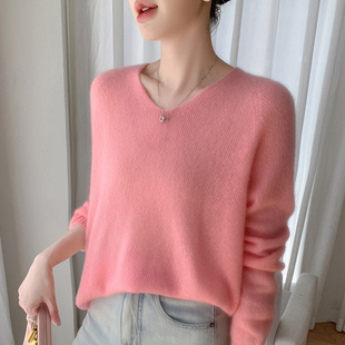 春秋新款无缝75山羊绒25桑蚕丝轻薄女V领百搭慵懒风针织罩衫毛衣