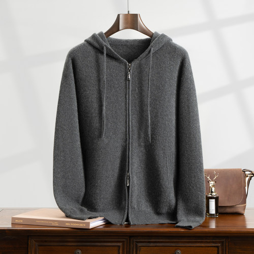 冬季新款100%纯山羊绒连帽开衫男重磅加厚高端拉链针织休闲外套潮