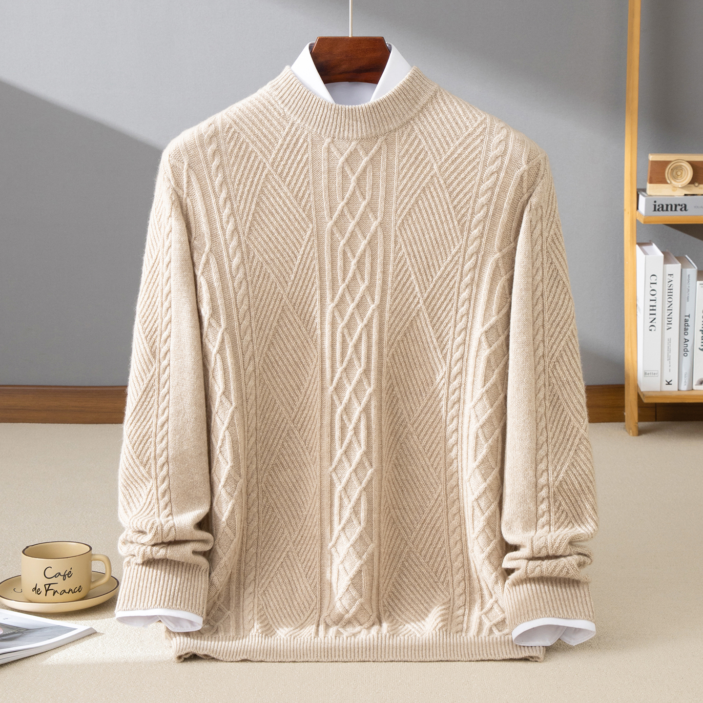 25秋冬新款100%纯山羊绒衫男士圆领加厚菱形格时尚保暖通勤针织衫