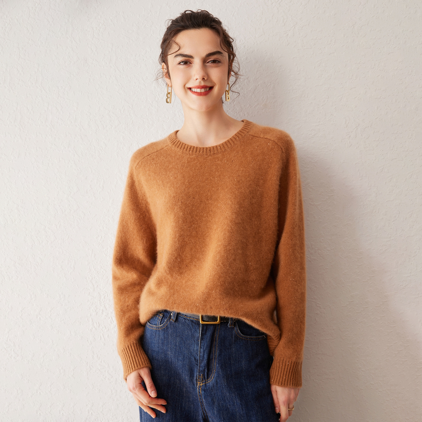 花纱彩点圆领加厚100%纯山羊绒衫女针织宽松时尚软糯慵懒风打底衫