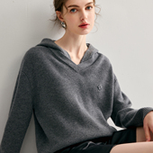 女V领连帽假两件慵懒老钱风宽松针织打底衫 秋冬新款 100%山羊绒衫