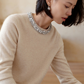 圆领钉珠镶钻羊绒衫 女100纯山羊绒毛衣秋冬新款 上衣套头针织打底