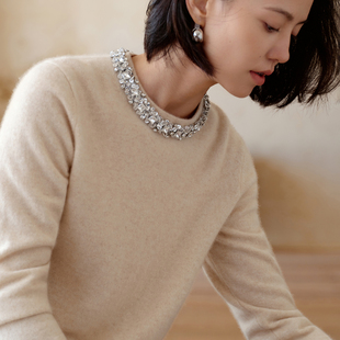 圆领钉珠镶钻羊绒衫 上衣套头针织打底 女100纯山羊绒毛衣秋冬新款