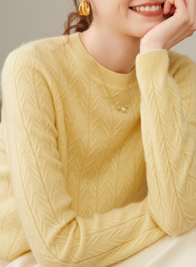 圆领羊绒衫女100%纯山羊绒毛衣秋冬新款高级感鹅黄色针织打底上衣
