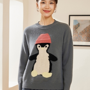 百搭企鹅提花打底衫 2025秋冬新款 100%山羊绒加厚圆领高端宽松短款