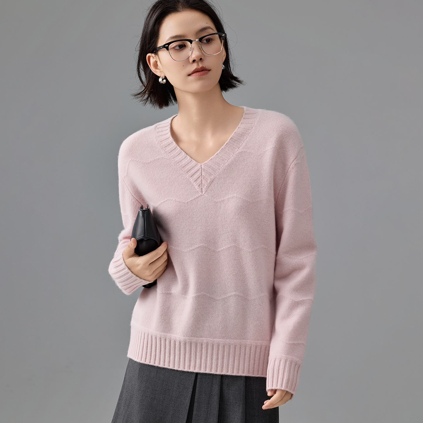 2025秋冬新款波浪纹加厚100纯山羊绒衫女V领宽松慵懒毛衣针织上衣