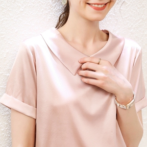 真丝短袖t恤女装夏季2023新款娃娃领衬衫宽松法式桑蚕丝半袖上衣