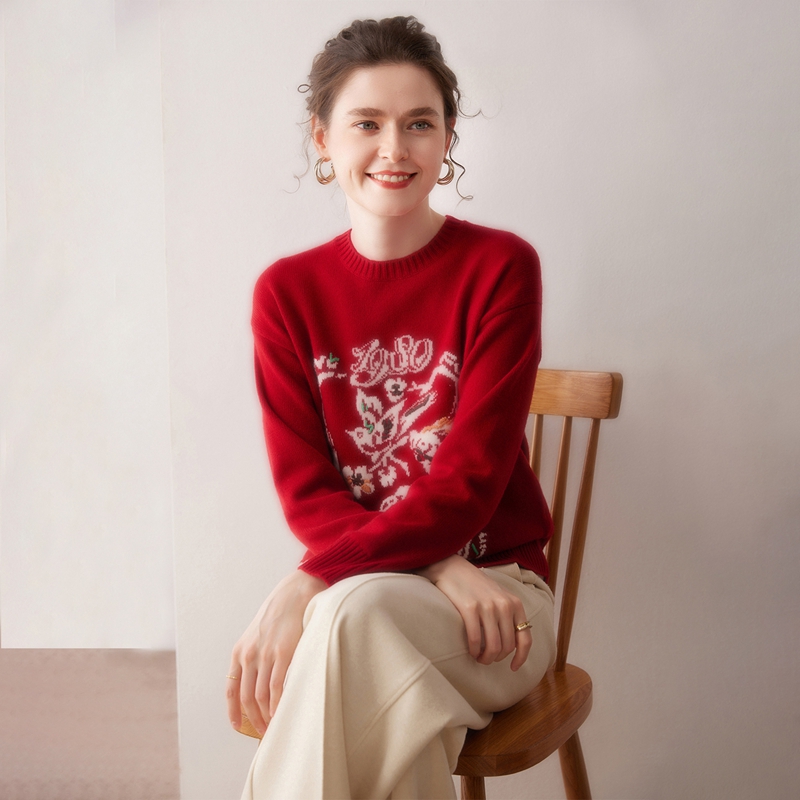 倾心气质~秋冬新款100山羊绒衫女圆领加厚五福提花针织打底衫毛衣