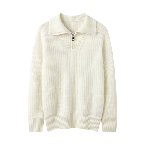 100纯山羊绒女POLO翻领拉链毛衣