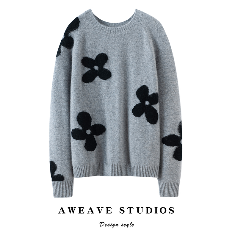 圆领四叶草100%纯山羊绒衫女上衣