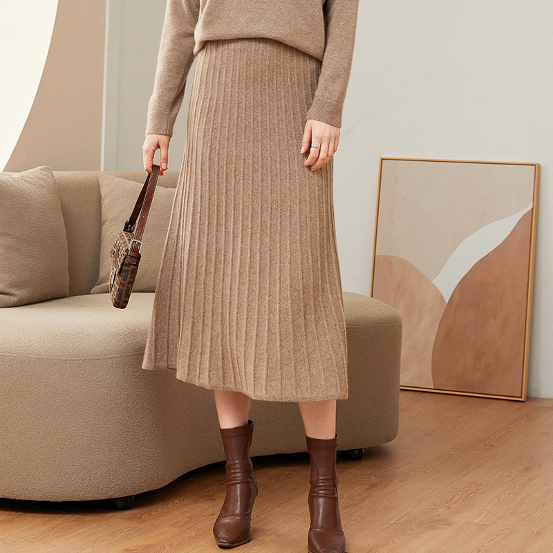100%山羊绒高腰中长款针织百褶裙
