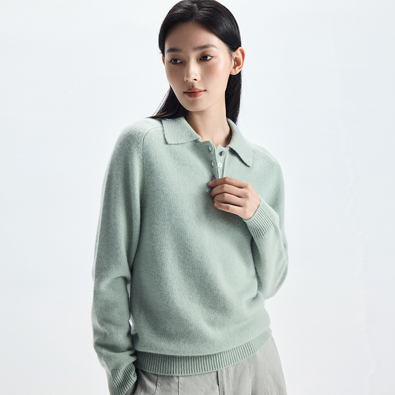 2025秋冬新款100%纯山羊绒衫女Polo领马鞍肩宽松显瘦百搭针织毛衣