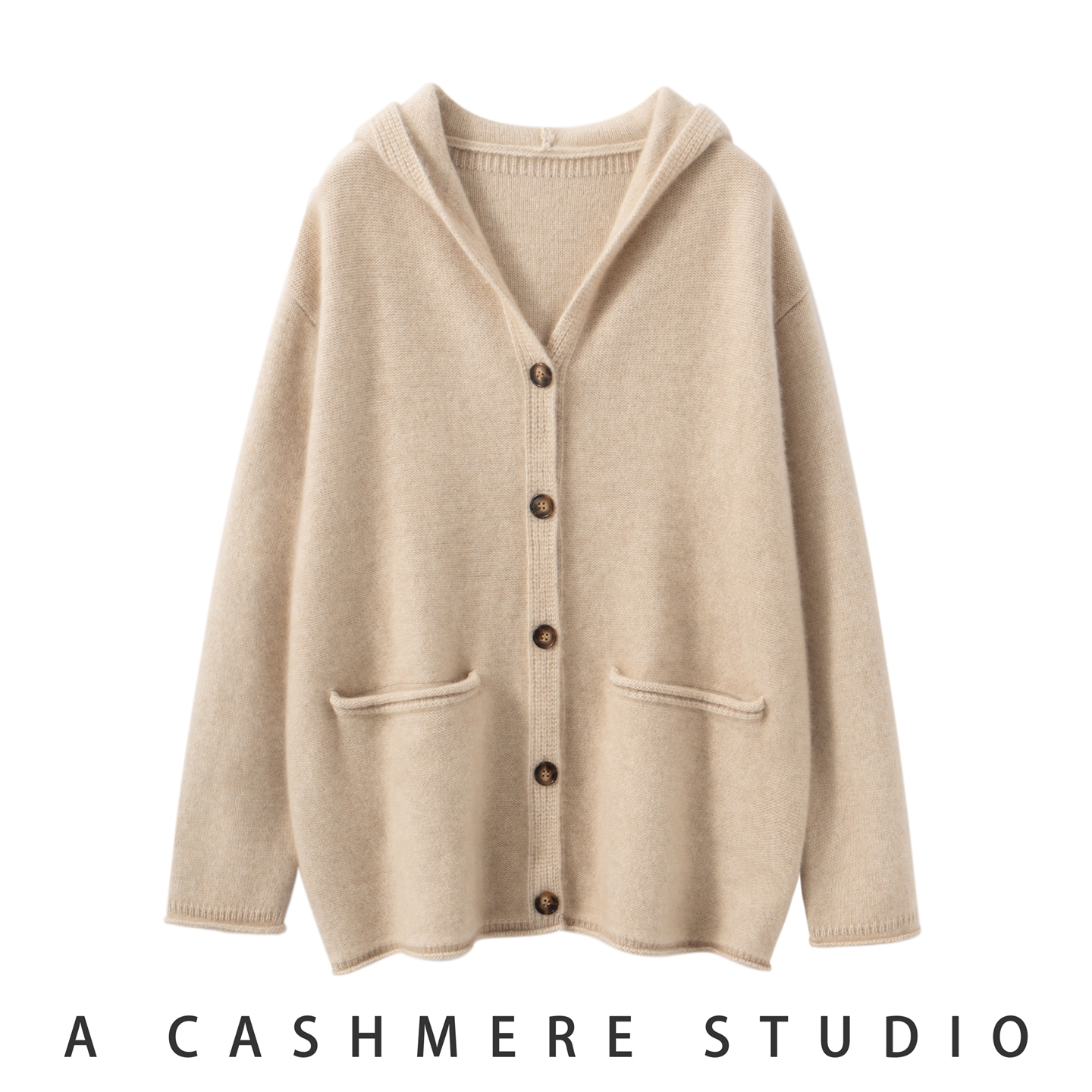 连帽带扣开衫100%山羊绒加厚针织开衫慵懒风宽松百搭保暖外套上衣