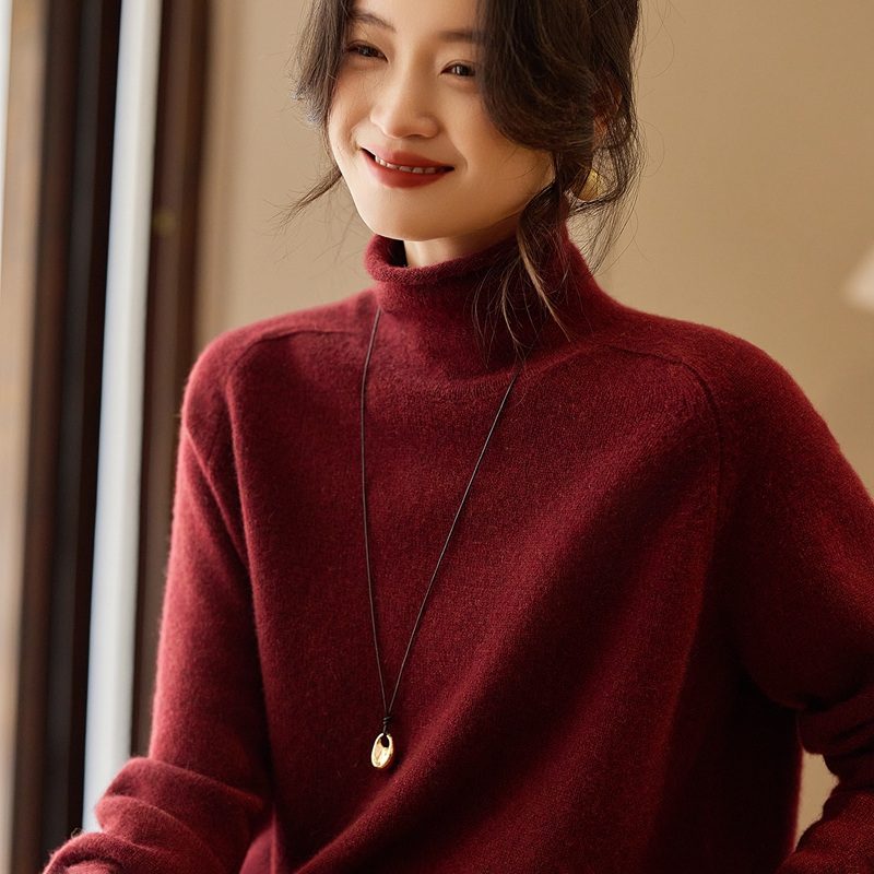 2025秋冬新款100%山羊绒衫女堆堆领插肩袖宽松加厚软糯针织打底衫