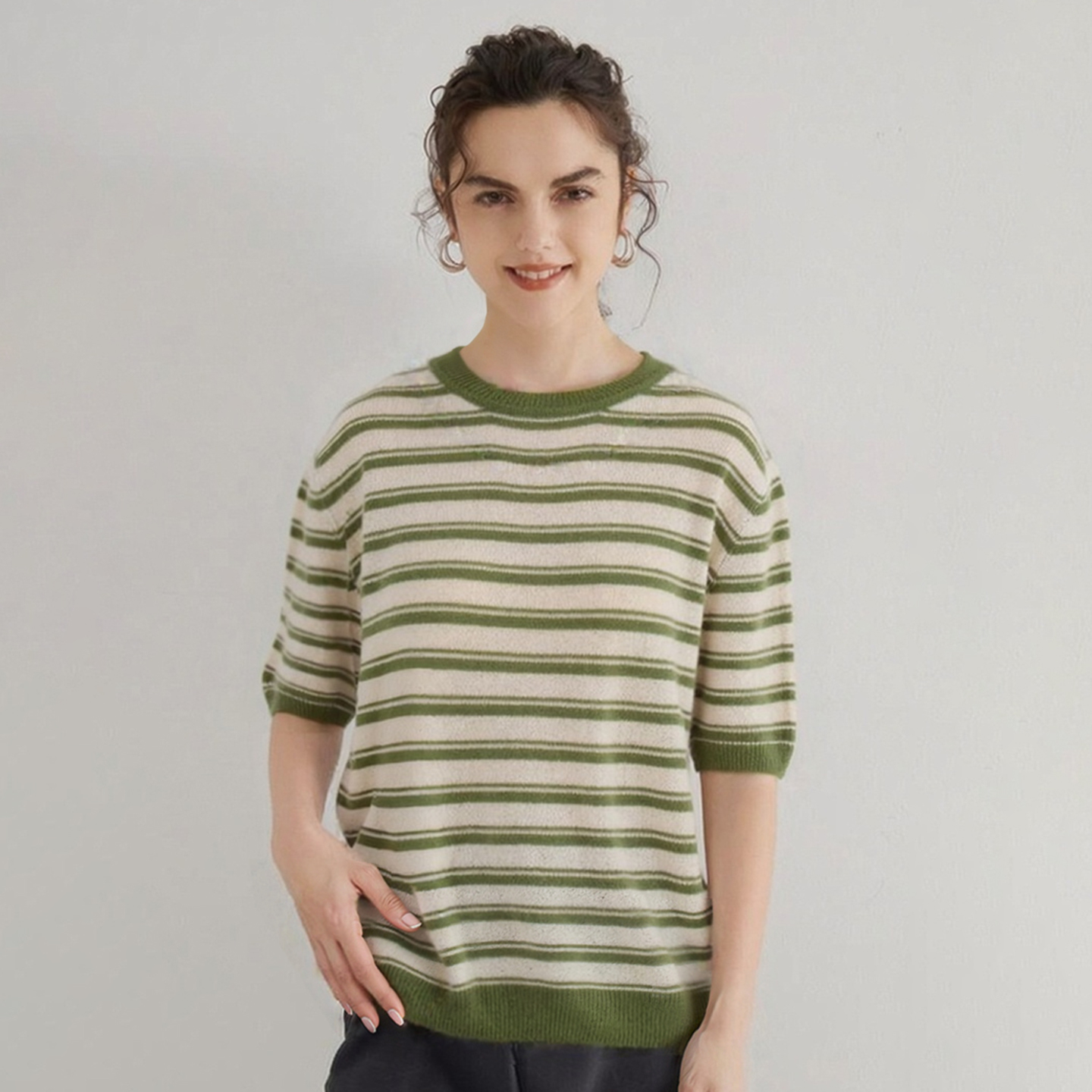 25新款秋冬100%山羊绒衫女圆领针织条纹短袖T恤宽松百搭毛衣上衣