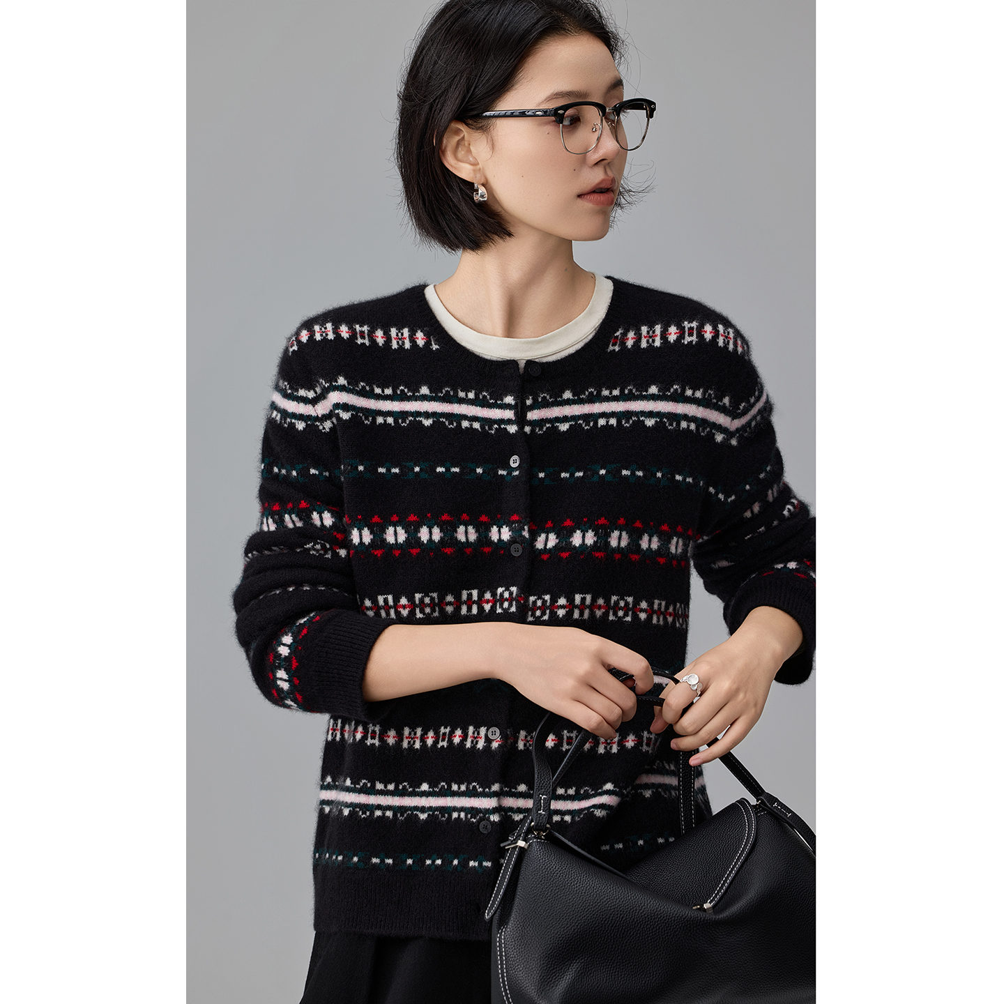 25秋冬新款复古费尔岛拼色100%纯山羊绒衫女圆领软糯休闲开衫上衣