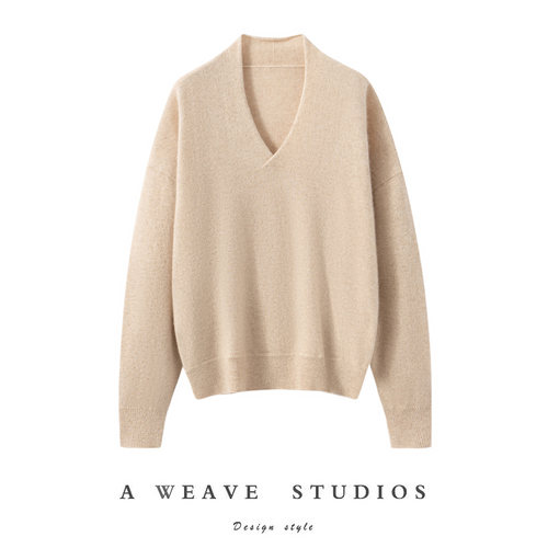 秋冬新款V领100山羊绒衫女宽松加厚落肩袖保暖毛衣针织打底衫上衣