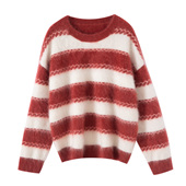 秋冬新款 100%纯山羊绒衫 女加厚圆领拉绒撞色设计软糯亲肤保暖上衣