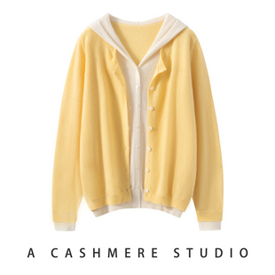 25秋冬新款 宽松百搭外套毛衣上衣 女100%山羊绒假两件连帽针织开衫