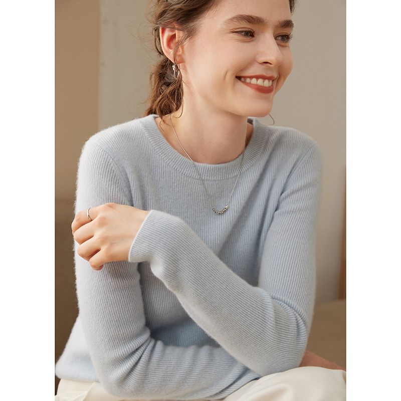 秋冬新款圆领羊绒衫女100纯山羊绒套头内搭针织修身显瘦打底毛衣