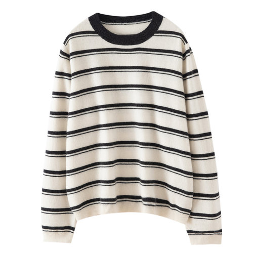 100%纯山羊绒衫女圆领条纹宽松秋冬打底衫时尚百搭针织衫毛衣上衣