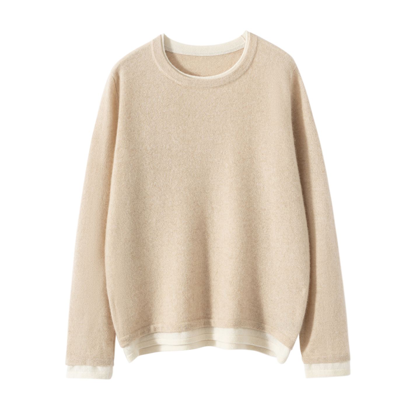 2025秋冬新款100%山羊绒圆领拼色羊绒衫女假两件套头针织打底毛衣