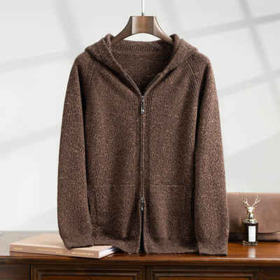 秋冬新款100%纯山羊绒连帽开衫重磅加厚高端轻奢休闲男士针织外套