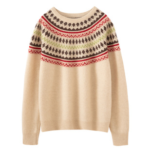 复古费尔岛提花100%纯山羊绒衫 毛衣 女圆领加厚拼色宽松针织打底衫