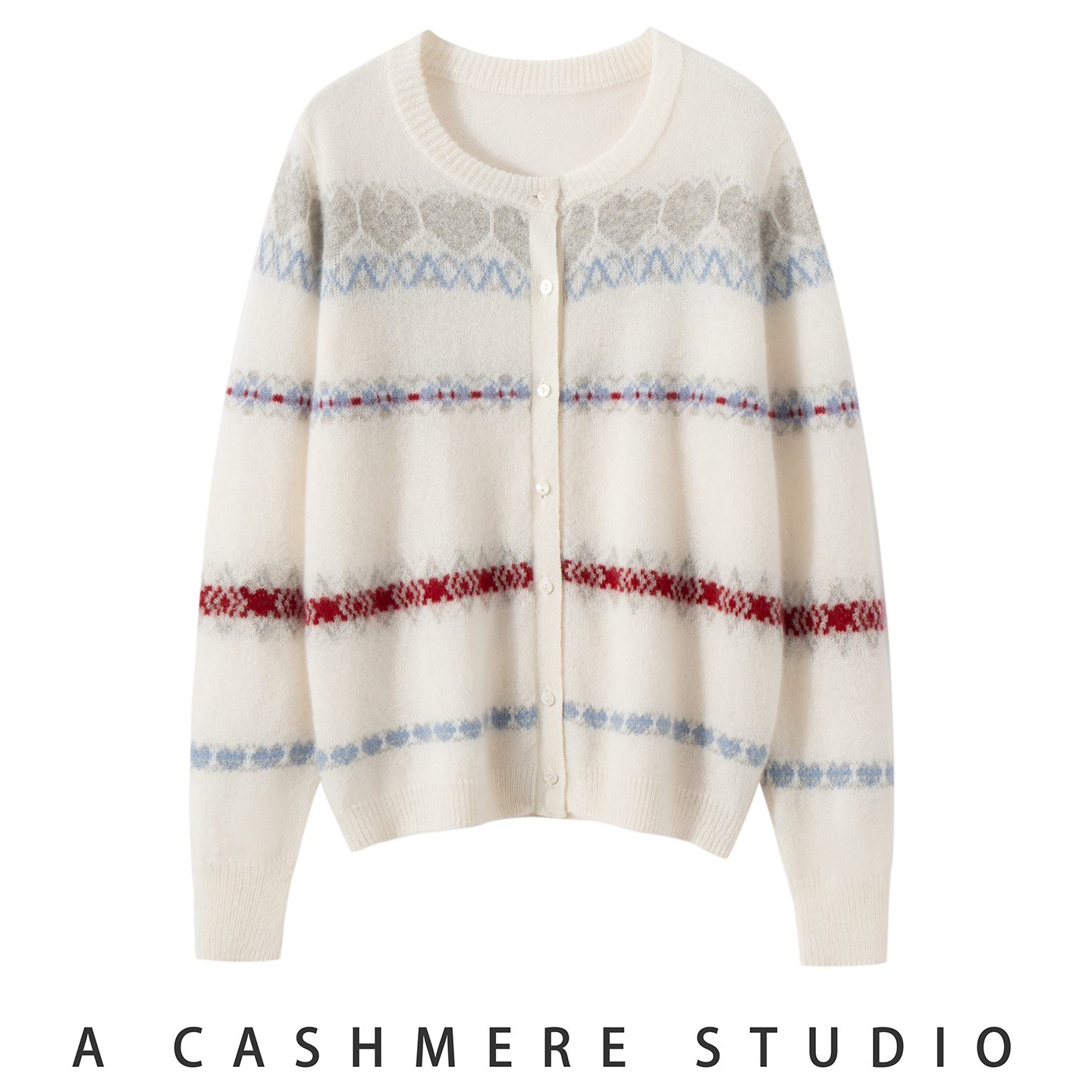 25秋冬新款100%纯山羊绒开衫女圆领拼色宽松毛衣百搭提花针织外套