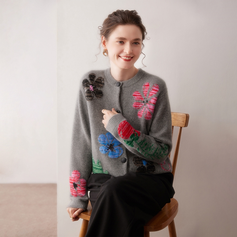 秋冬新款100%纯山羊绒开衫女圆领提花毛衣宽松针织衫外套上衣洋气