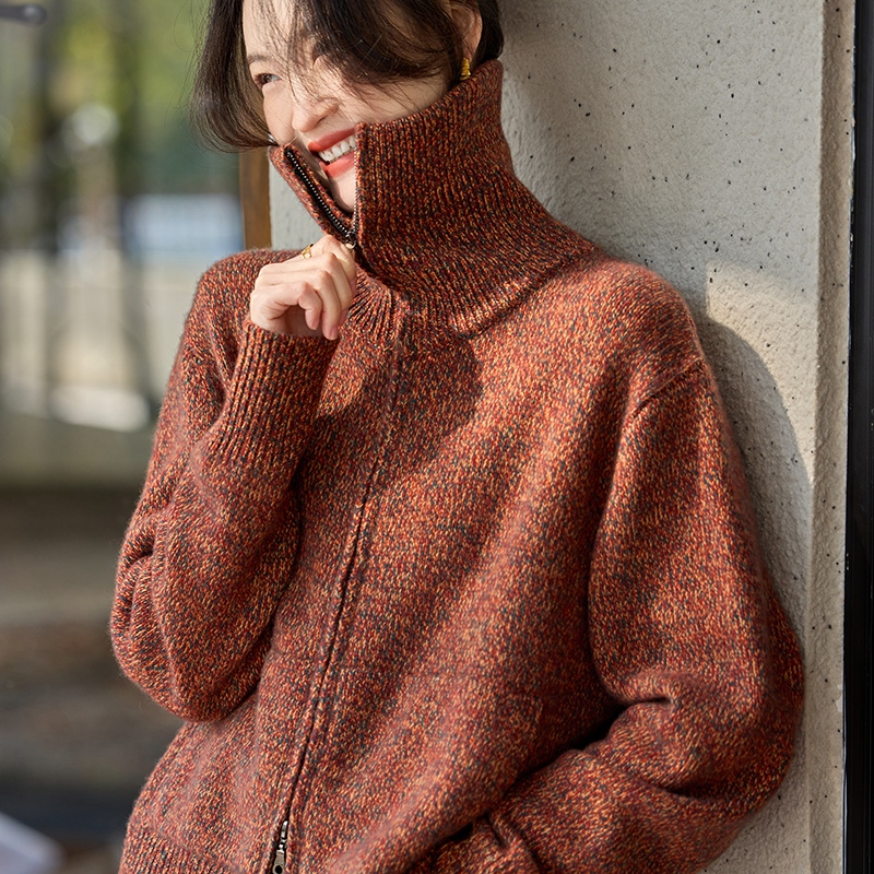 五针四股重磅加厚款花纱100%纯山羊绒衫女双拉链针织开衫毛衣外套